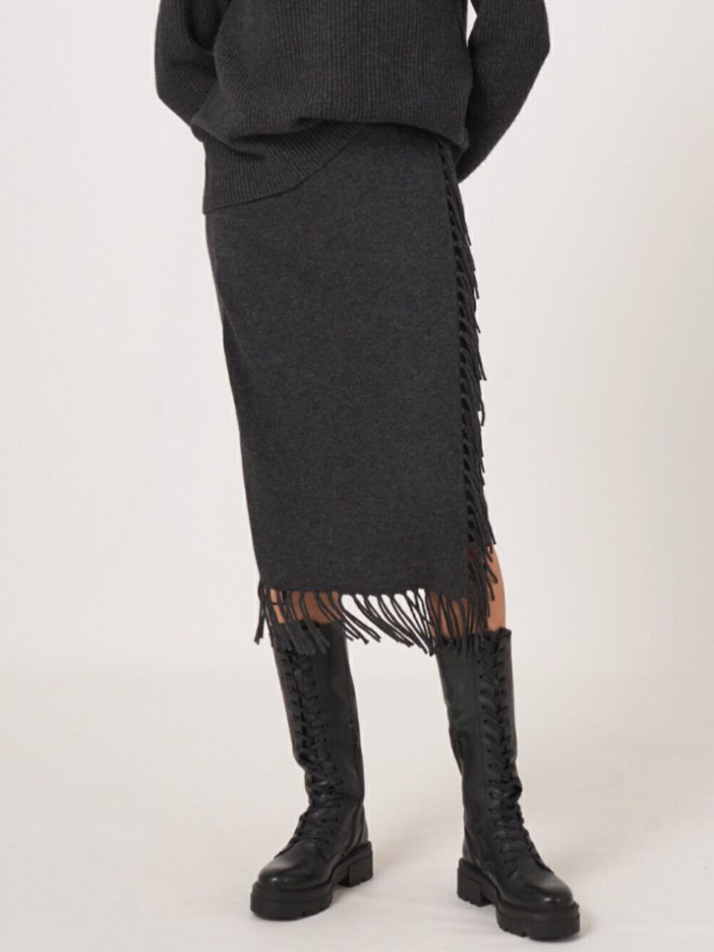 REPEAT NWOT Wool Organic Cashmere Fringe Charcoal Skirt Sz 42/L